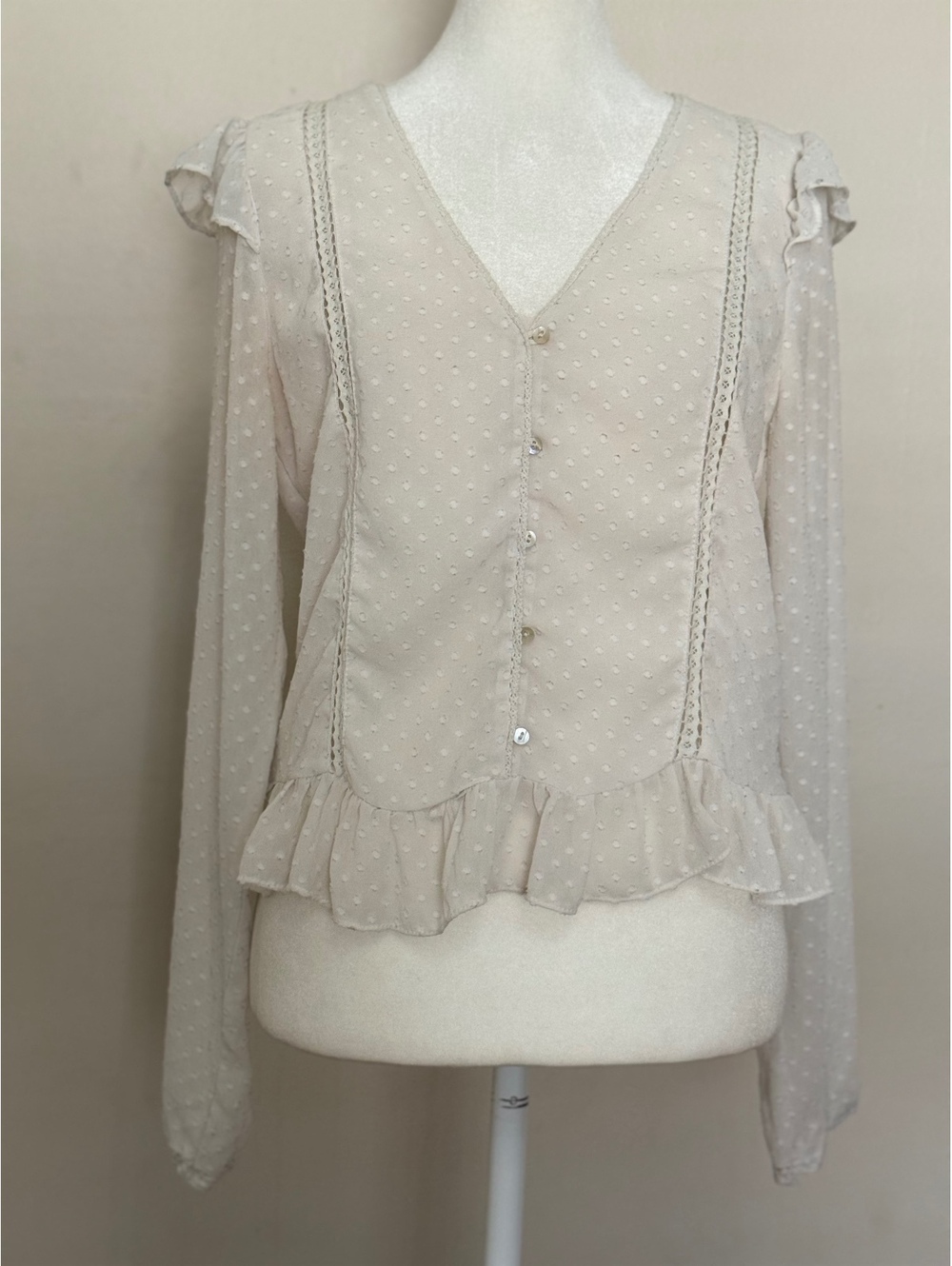 Zara Cream Swiss Dot Ruffle Blouse Coquette Romantic Top XS